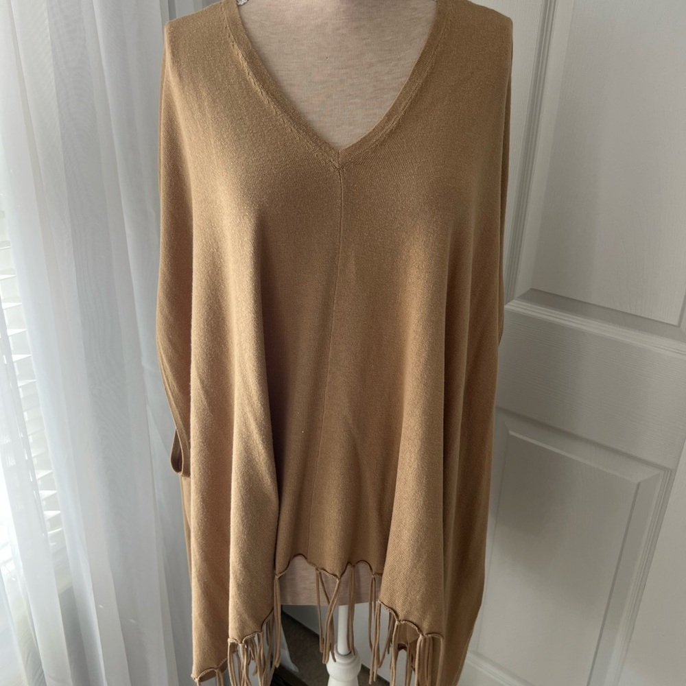 Michael Kors Tan Poncho Sweater with Fringe